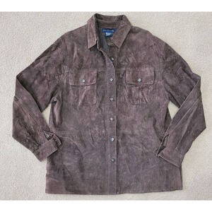 Charter Club Womens Dark Brown 100% Leather Button Up Shirt Jacket Size L Pocket